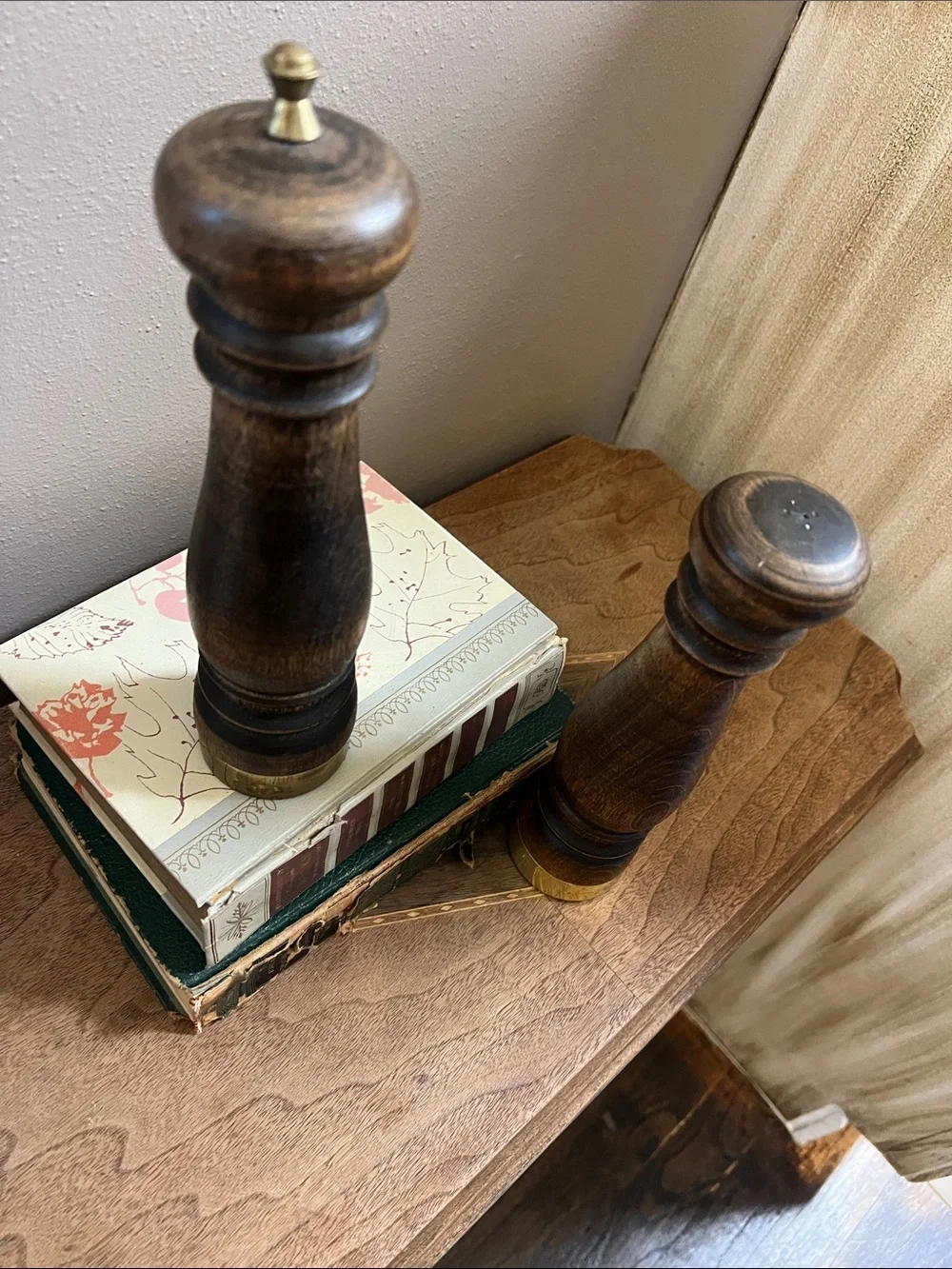 Vintage MCM Wooden Salt shake and Pepper Mill Set with Brass Accents - Brown
